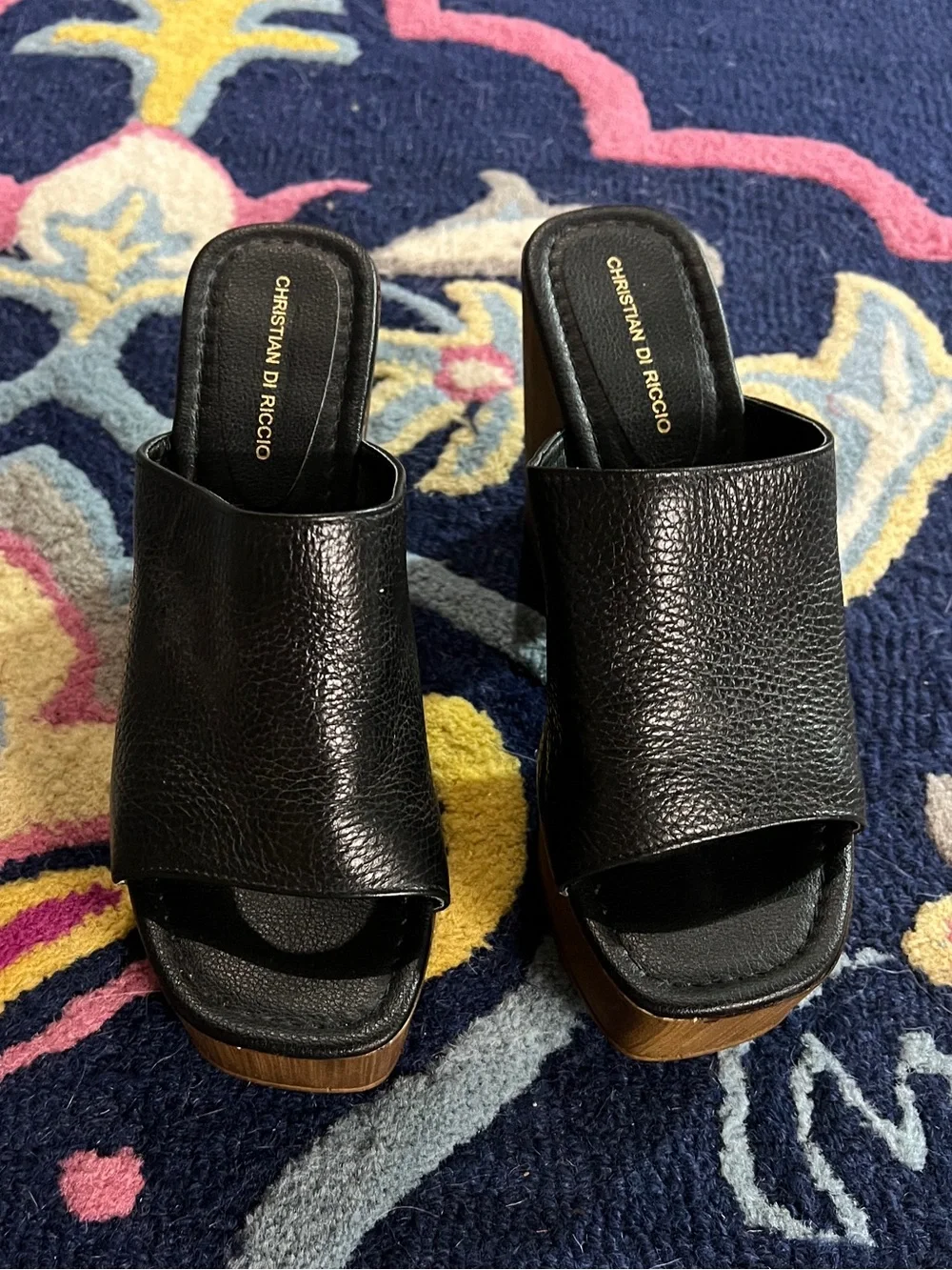 Black Pebbled Leather Platform Mules with Wood-Effect Heel